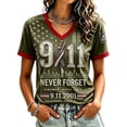 thumbnail image 1 of Women's 911 Never Forget V Neck Tshirt 25th Anniversary 911 Shirt American Flag Short Sleeve Patriotic Memorial Honor Tee, 1 of 3