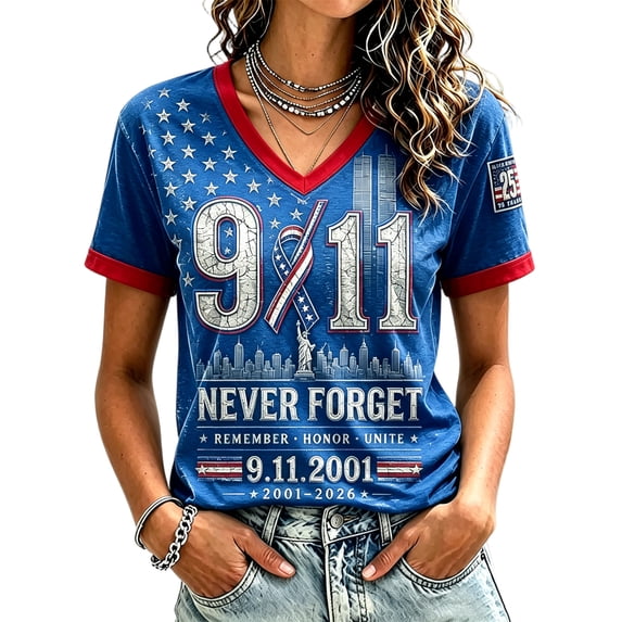 Women's 911 Never Forget V Neck Tshirt 25th Anniversary 911 Shirt American Flag Short Sleeve Patriotic Memorial Honor Tee
