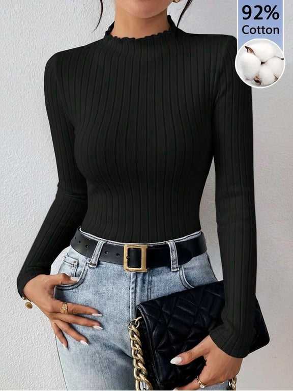 Women's 92% Cotton Ribbed Turtleneck Long Sleeve T-Shirt, Slim Fit Black Basic Layering Top