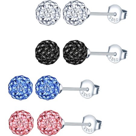 Women's 925 Genuine Sterling Silver Stud Earrings 6 mm 8 mm Crystal Ball Earrings, Silver[a783]