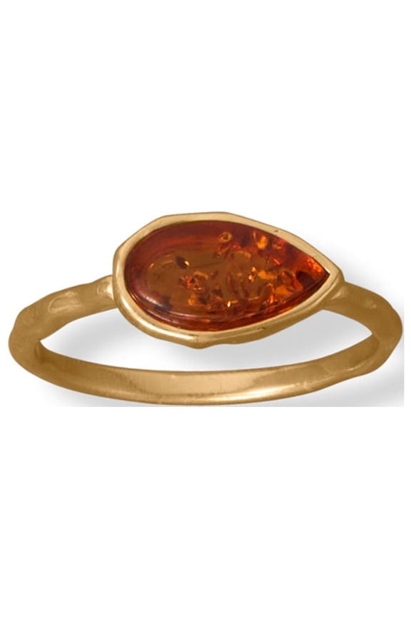 Women's .925 Sterling Silver 24 Karat Gold Plated Pear Amber Ring