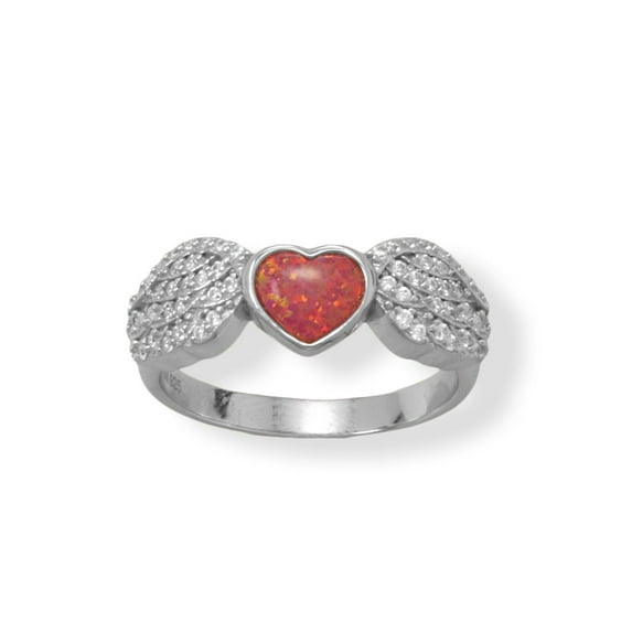 Women's .925 Sterling Silver CZ Wing Red Opal Heart Ring