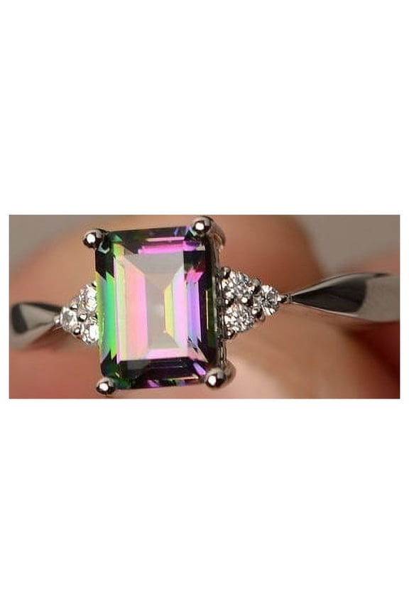 Women's 925 Sterling Silver Mystic Rainbow Topaz Engagement Wedding Band Rings