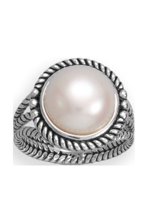 Women's .925 Sterling Silver Oxidized Rope Edge Freshwater Pearl Ring