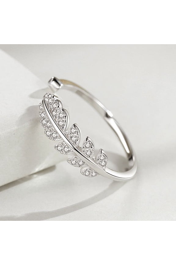 Women's 925 Sterling Silver Ring with Zircon Sweet Leaf Feather Design for Index Finger or as a Fashion Jewelry Gift for Her