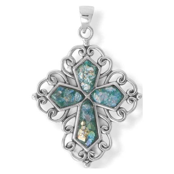 Women's .925 Sterling Silver Roman Glass Swirl Edge Cross Pendant