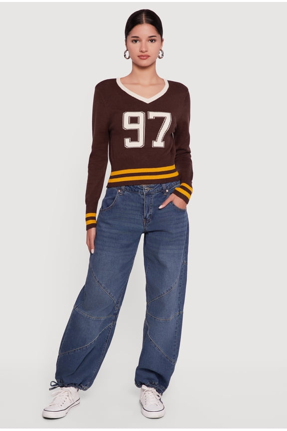 Women's 97 Graphic Varsity Stripe V-Neck Sweater