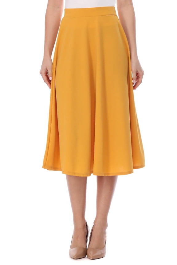 Women's A-Line Casual Flared High Waist Elastic Band Solid Midi Skirt