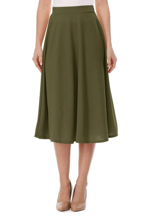 Women's A-Line Casual Flared High Waist Elastic Band Solid Midi Skirt
