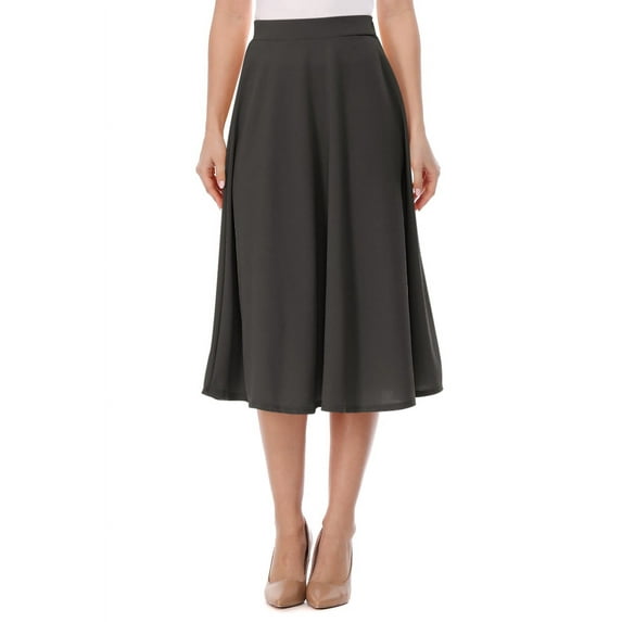 Women's A-Line Casual Flared High Waist Elastic Band Solid Midi Skirt