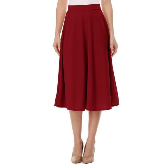 Women's A-Line Casual Flared High Waist Elastic Band Solid Midi Skirt