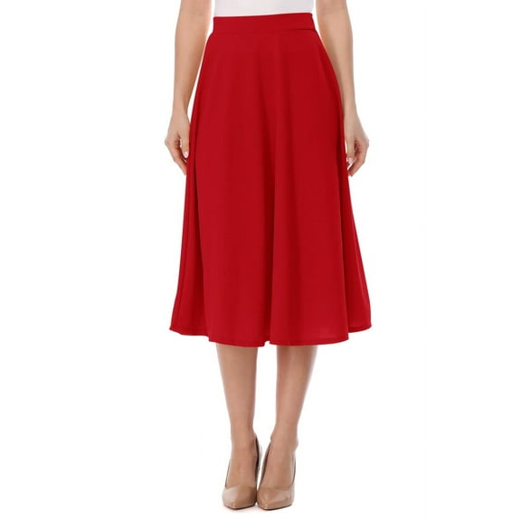 Women's A-Line Casual Flared High Waist Elastic Band Solid Midi Skirt