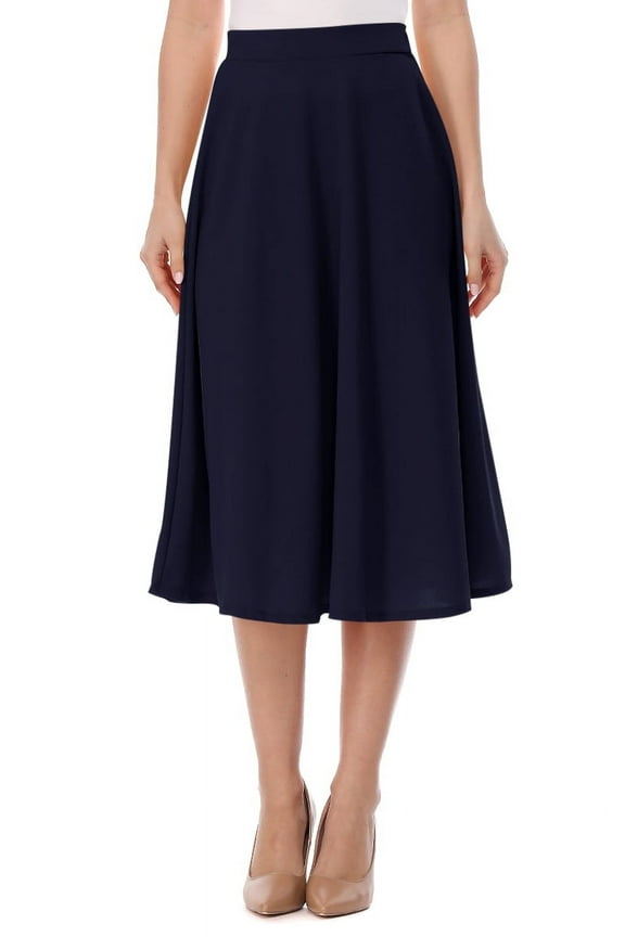 Women's A-Line Casual Flared High Waist Elastic Band Solid Midi Skirt