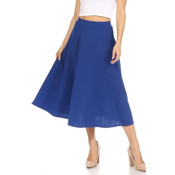 Women's A-Line Casual Flared High Waist Elastic Band Solid Midi Skirt