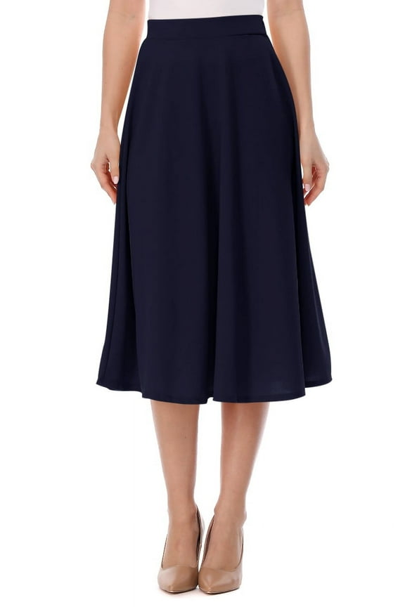 Women's A-Line Casual Flared High Waist Elastic Band Solid Midi Skirt