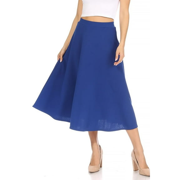 Women's A-Line Casual Flared High Waist Elastic Band Solid Midi Skirt