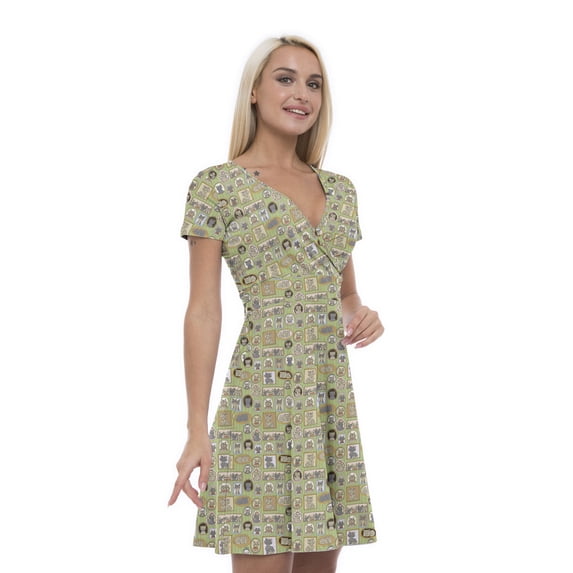Women’s A Line Cat Lover Summer Dress, Retro Triangle Arrangement, Cross Wrap V Neck, 6 Sizes, by Ambesonne