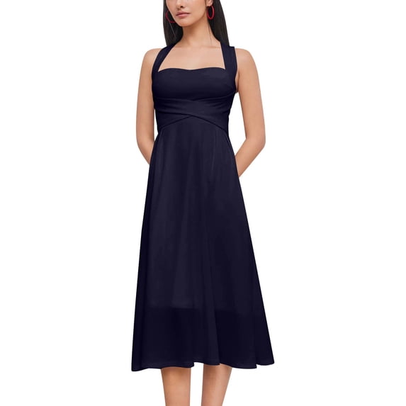 Women's A-Line Cocktail Dress, Sexy Criss Cross Backless Party Dresses, Flattering Ruched Waist French Square Neck Summer Wedding Guest Midi Gown