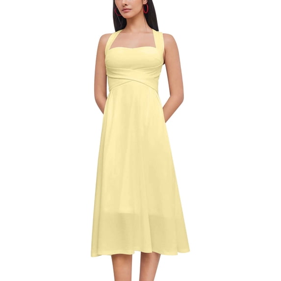 Women's A-Line Cocktail Dress, Sexy Criss Cross Backless Party Dresses, Flattering Ruched Waist French Square Neck Summer Wedding Guest Midi Gown