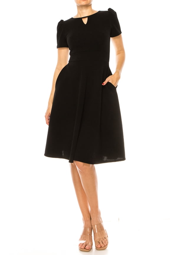 Moa Collection Women's A-Line Dress Puff Sleeves and Keyhole Front Casual Chic with Side Pock