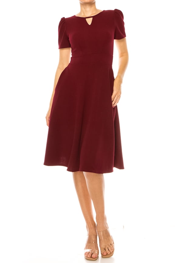 Moa Collection Women's A-Line Dress Puff Sleeves and Keyhole Front Casual Chic with Side Pock