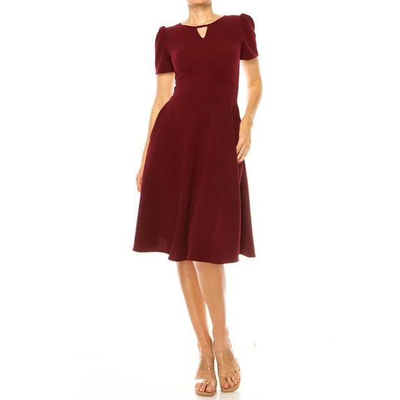 Moa Collection Women's A-Line Dress Puff Sleeves and Keyhole Front Casual Chic with Side Pock