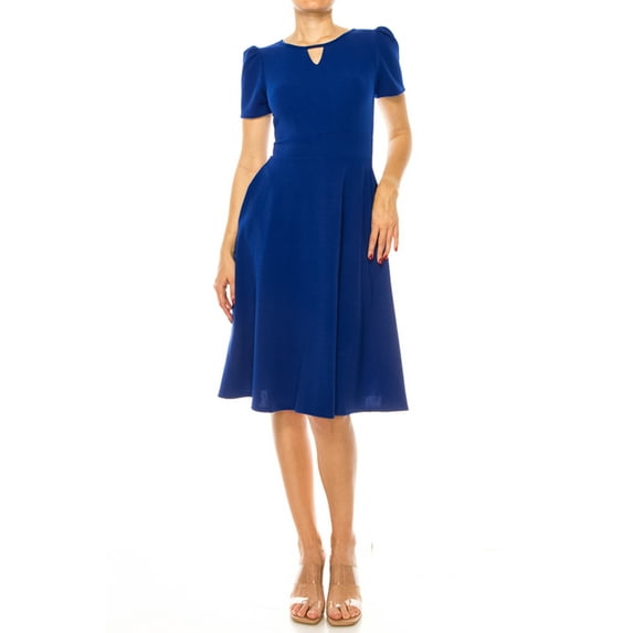 Moa Collection Women's A-Line Dress Puff Sleeves and Keyhole Front Casual Chic with Side Pock