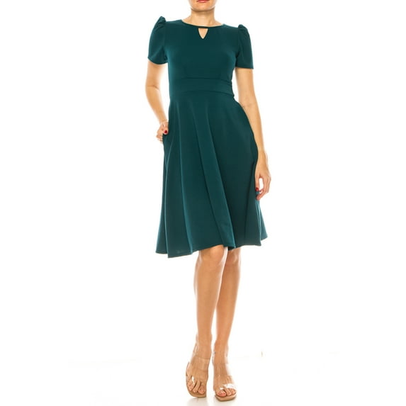 Moa Collection Women's A-Line Dress Puff Sleeves and Keyhole Front Casual Chic with Side Pock