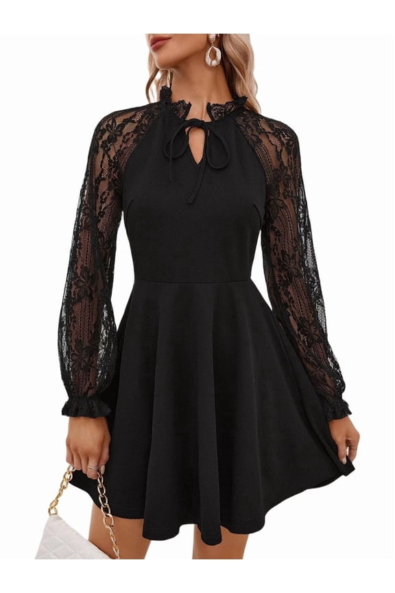Women's A Line Dresses Crew Neck Short Lace Sleeves Dress Black S