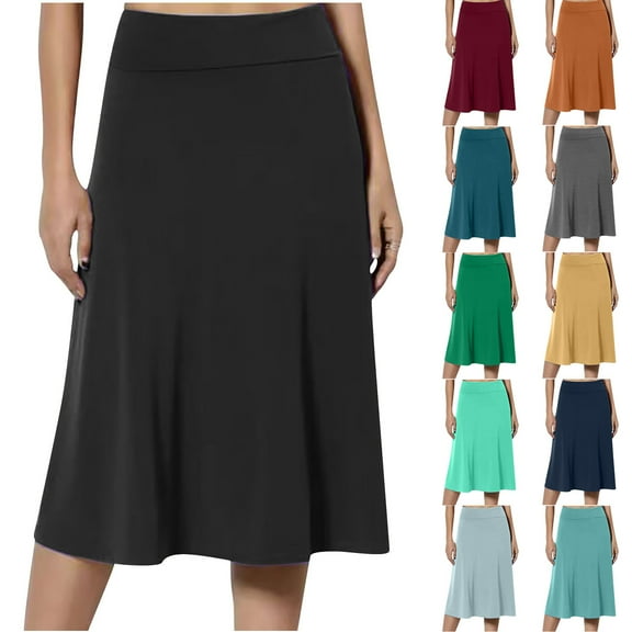 Women's A-Line Elastic High Waist Flare Work Midi Knee Length Stretchy Skirt Womens Spring/Summer Pull On High Waist Office Knee Length Pencil Skirts
