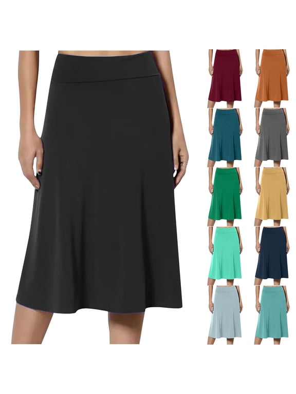 Women's A-Line Elastic High Waist Flare Work Midi Knee Length Stretchy Skirt Womens Spring/Summer Pull On High Waist Office Knee Length Pencil Skirts