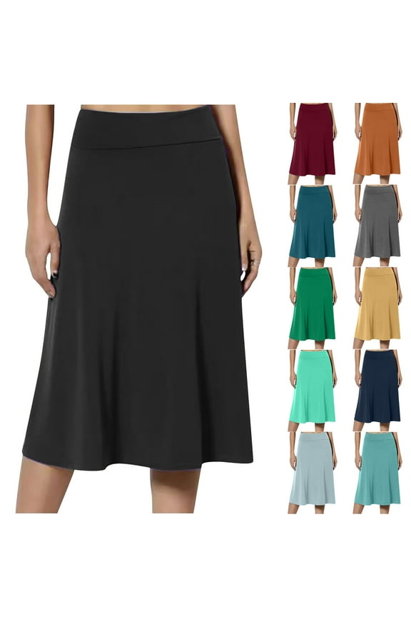 Women's A-Line Elastic High Waist Flare Work Midi Knee Length Stretchy Skirt Womens Spring/Summer Pull On High Waist Office Knee Length Pencil Skirts