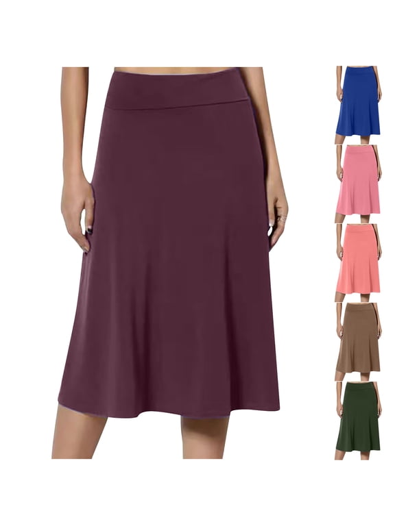 Women's A-Line Elastic High Waist Flare Work Midi Knee Length Stretchy Skirt Womens Spring/Summer Pull On High Waist Office Knee Length Pencil Skirts