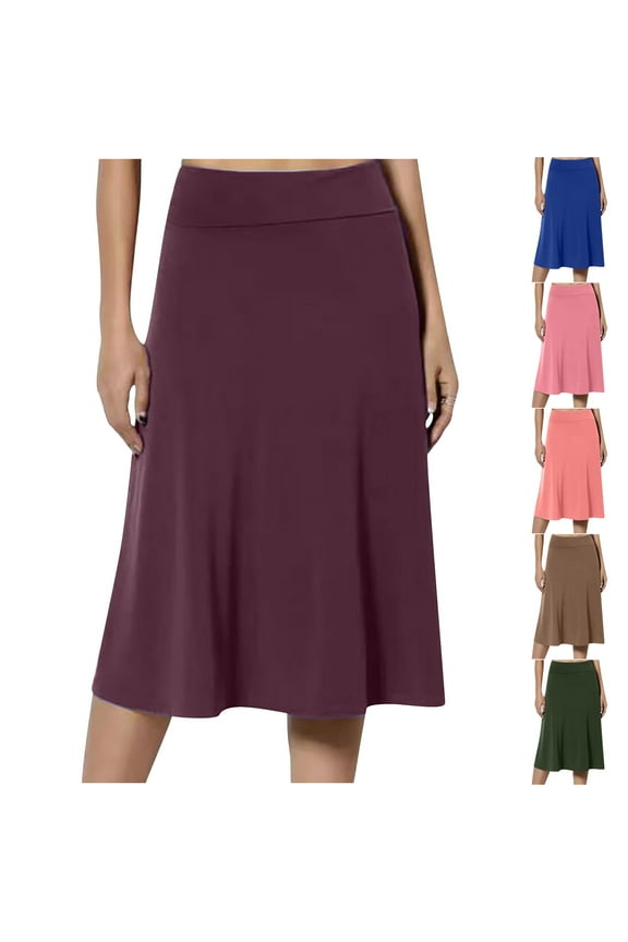Women's A-Line Elastic High Waist Flare Work Midi Knee Length Stretchy Skirt Womens Spring/Summer Pull On High Waist Office Knee Length Pencil Skirts