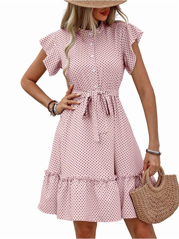 Women's A Line Elegant Polka Dot Print Ruffle Sleeve Tie Waist Midi Chic Dress for Summer Casual Pink S