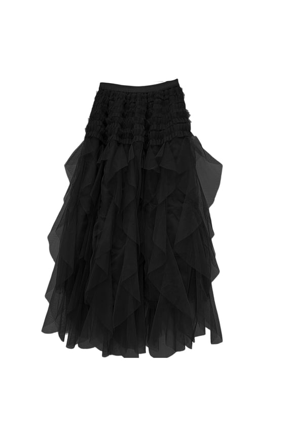 Women's A-Line Fairy Patterned Elastic Waist Ruffle Tulle Layered Midi Skirt Party Wear/Black/One Size