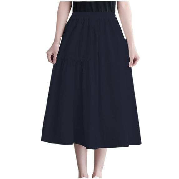 Women's A-Line Flared Midi Skirts Plus Size Ruffled Hem Elastic Waist Skirt Casual Solid Color Tiered Swing Skirt