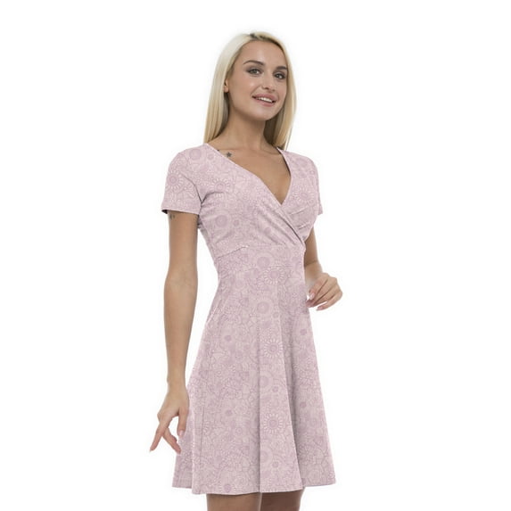 Women’s A Line Floral Summer Dress, Retro Triangle Arrangement, Cross Wrap V Neck, 6 Sizes, by Ambesonne