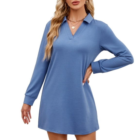 Women's A-Line Loose Polo Collar Long Sleeve Blue Midi Dress - Solid Casual Athletic Pullover Sweatshirt, Spring & Autumn, S-XXL