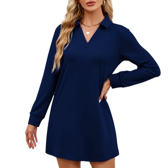 Women's A-Line Loose Polo Collar Long Sleeve Dark Blue Midi Dress - Solid Casual Athletic Pullover Sweatshirt, Spring & Autumn, S-XXL