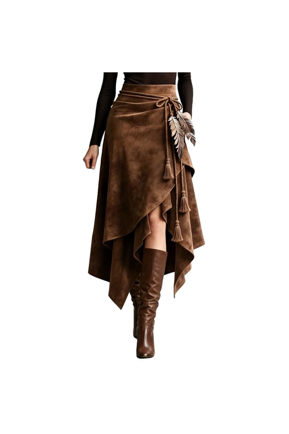 Women's A Line Midi Skirt Asymmetric Hem Adjustable Tie Waist Flowy Elegant Brown M