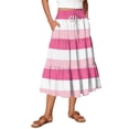 thumbnail image 1 of Women’s A-Line Midi Skirt with Elastic Waistband and Drawstring Striped Print Casual Loose Fit Flowy Tiered Design Hot Pink L, 1 of 5