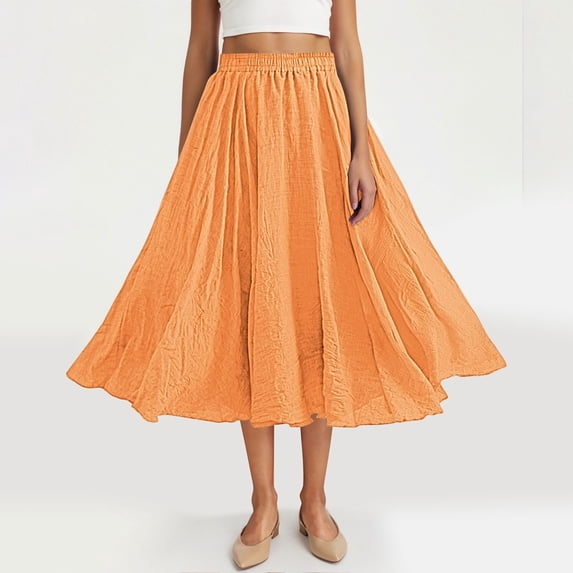 Women’s A-Line Midi Skirts Casual Elastic High Waist Flowy Swing Beach Boho Free Size Long Skirt Orange B Free Size