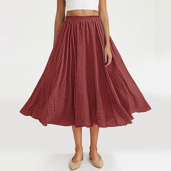Women’s A-Line Midi Skirts Casual Elastic High Waist Flowy Swing Beach Boho Free Size Long Skirt Red A Free Size