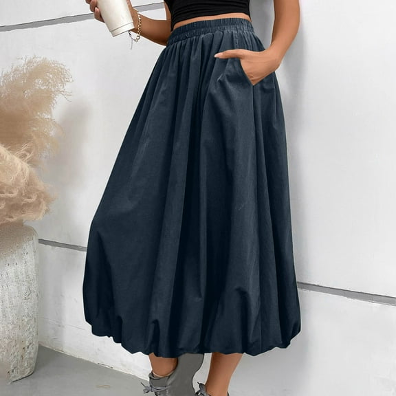 Women's A-Line Midi Skirts Casual Elastic High Waist Flowy Swing Pleated Beach Boho Long Skirt with Pocket Navy Xl
