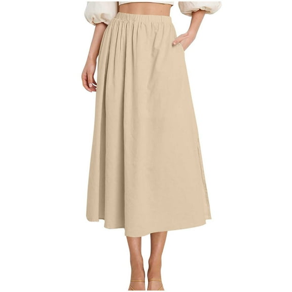 Women’s A-Line Midi Skirts Casual Elastic High Waist Flowy Swing Pleated Skirts Beach Trendy Long Skirt with Pocket