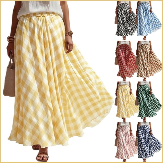 Women's A-Line Plaid Maxi Skirt Elastic High-Waisted Pleated Skirt Casual Flowy Chiffon Long Skirt for Summer Beach/Party/Vacation