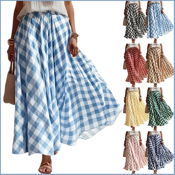 Women's A-Line Plaid Maxi Skirt Elastic High-Waisted Pleated Skirt Casual Flowy Chiffon Long Skirt for Summer Beach/Party/Vacation