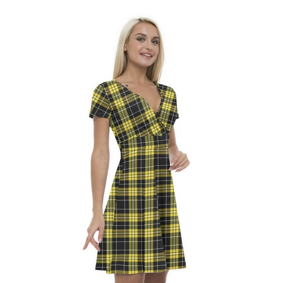 Women’s A Line Plaid Summer Dress, Retro Triangle Arrangement, Cross Wrap V Neck, 6 Sizes, by Ambesonne