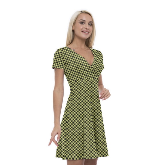 Women’s A Line Plaid Summer Dress, Retro Triangle Arrangement, Cross Wrap V Neck, 6 Sizes, by Ambesonne